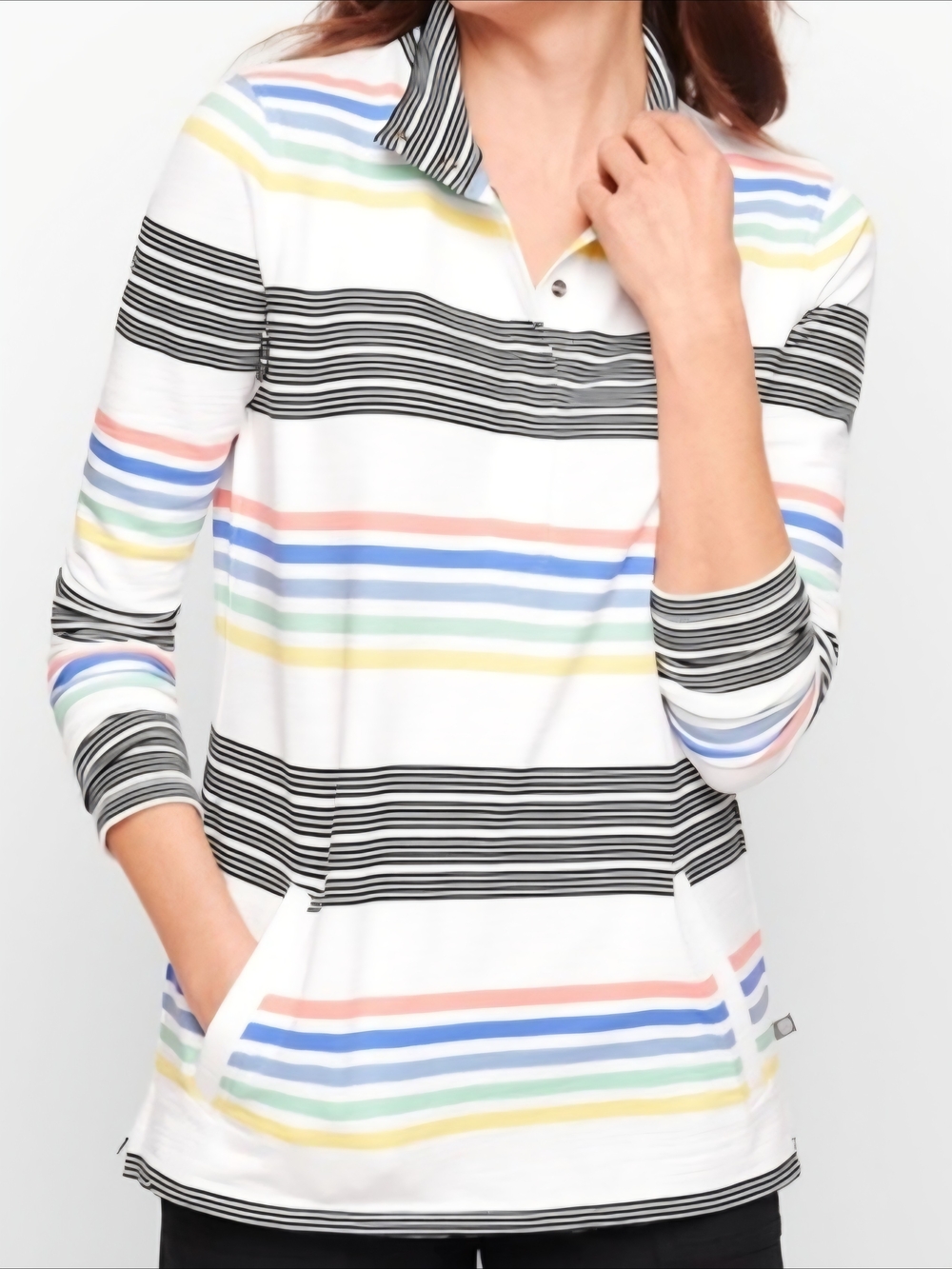 T By Talbots | Rainbow Striped UPF 50 Pullover Top Snap Front Pockets Size P
